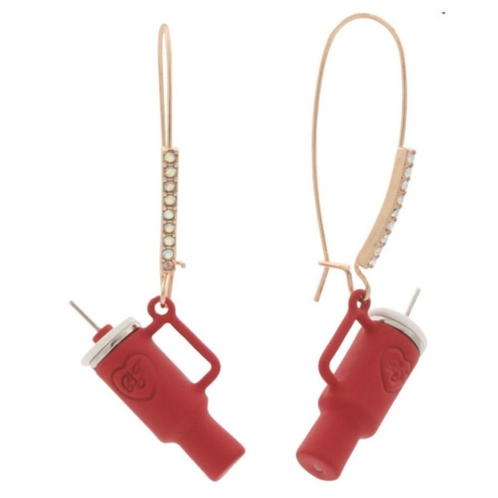 Betsey Johnson Red Tumbler Cup Rhinestone Dangle Earrings New with Tags